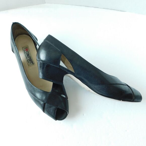 I LOVE COMFORT Shoes VINTAGE Womens 7.5 Black Leather Heels Pumps, Open Toe EUC - Picture 1 of 16